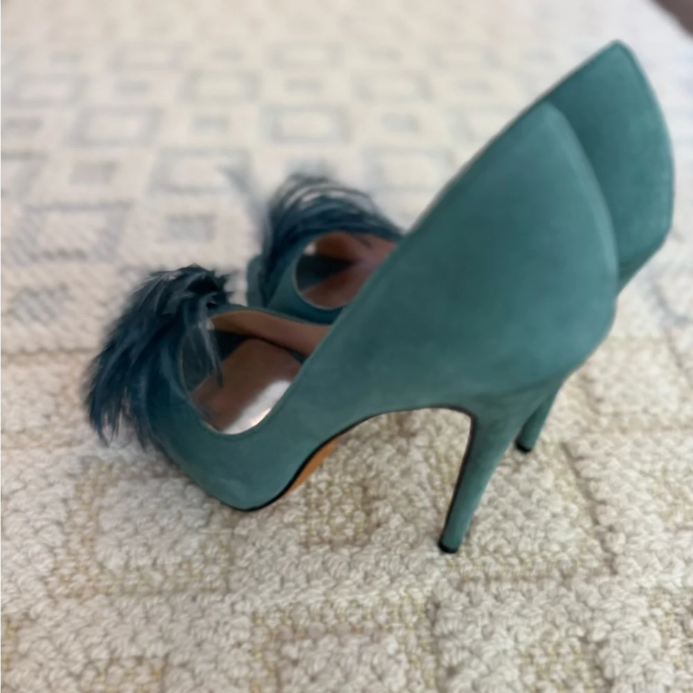 BADGLEY MISCHKA Ginnie teal leather heels & feathers size US 6 party wedding - Picture 7 of 7